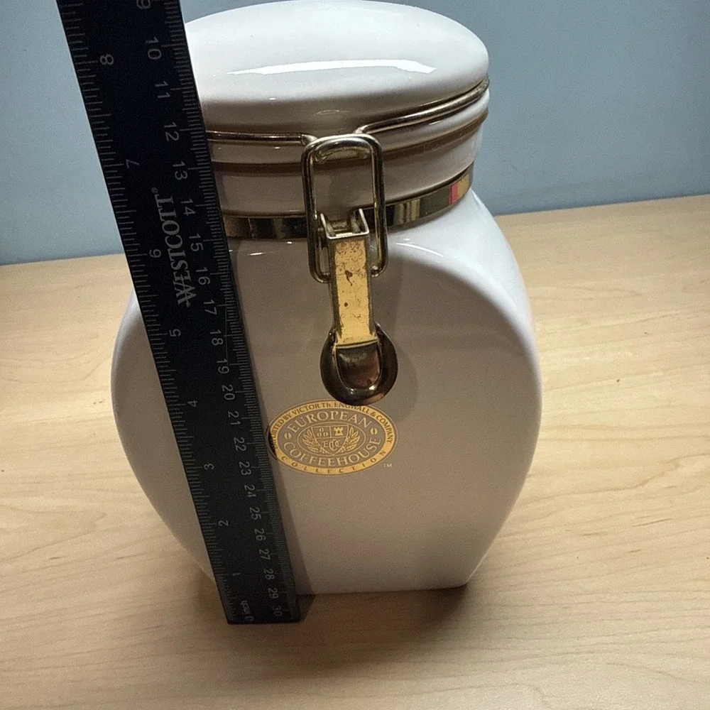 Vintage European Coffeehouse Collection White & Gold Ceramic Canister 8 3/8
